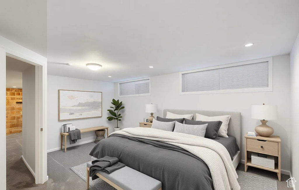 Bedroom with carpet flooring, recessed lighting, and baseboards