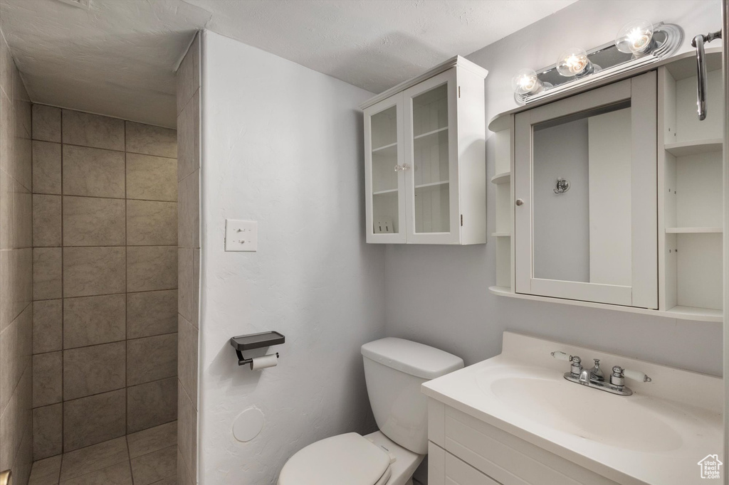 Full bathroom with vanity, toilet, and a tile shower