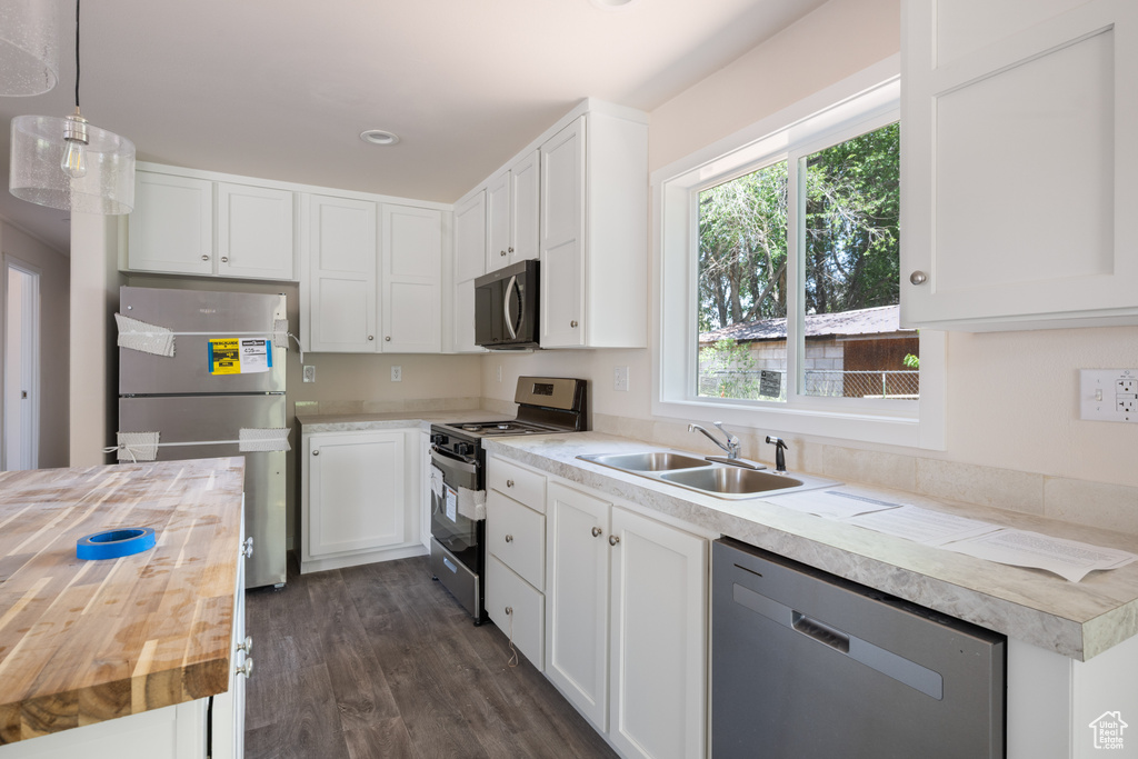 Kitchen with butcher block counters, stainless steel appliances, a sink, dark wood-style floors, and white cabinetry