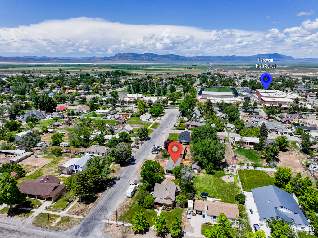 Aerial perspective of suburban area with mountains