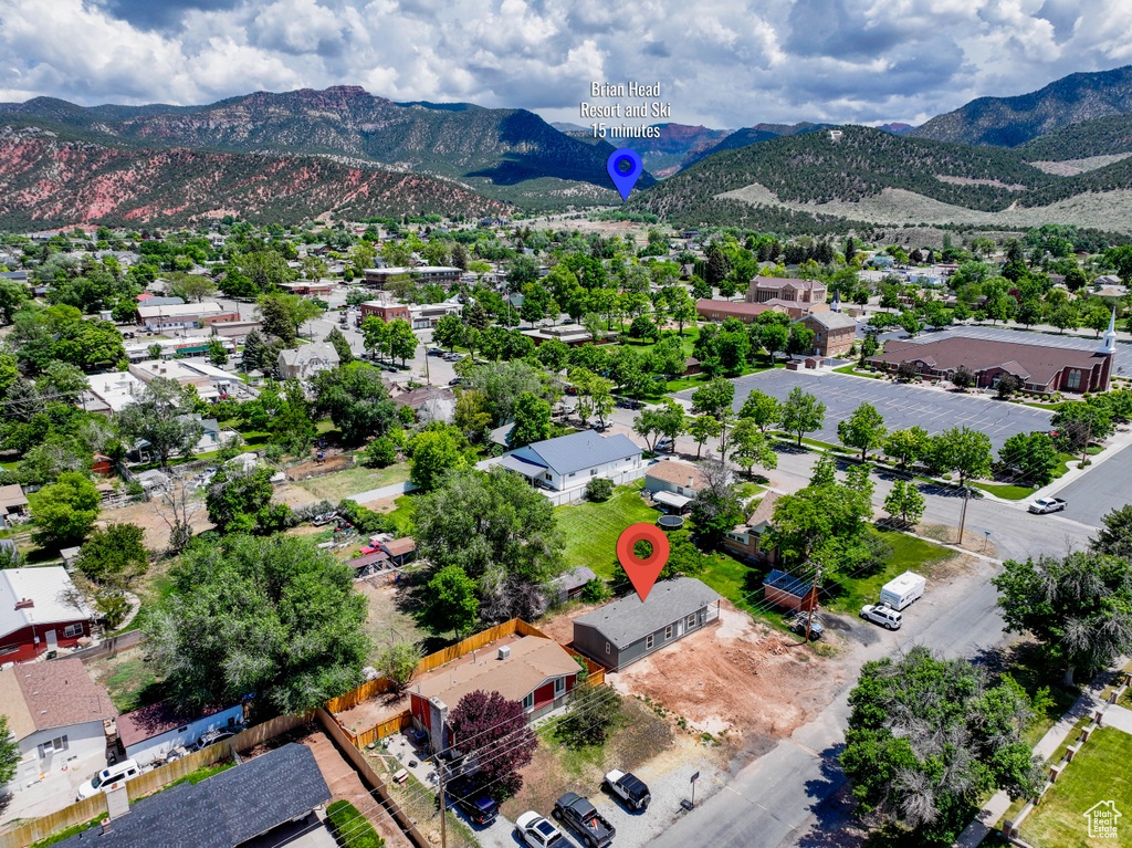 Aerial view of residential area with mountains