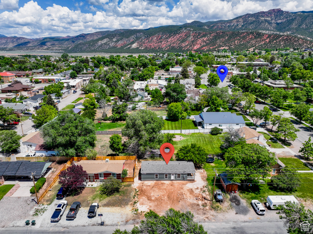 Aerial perspective of suburban area with mountains