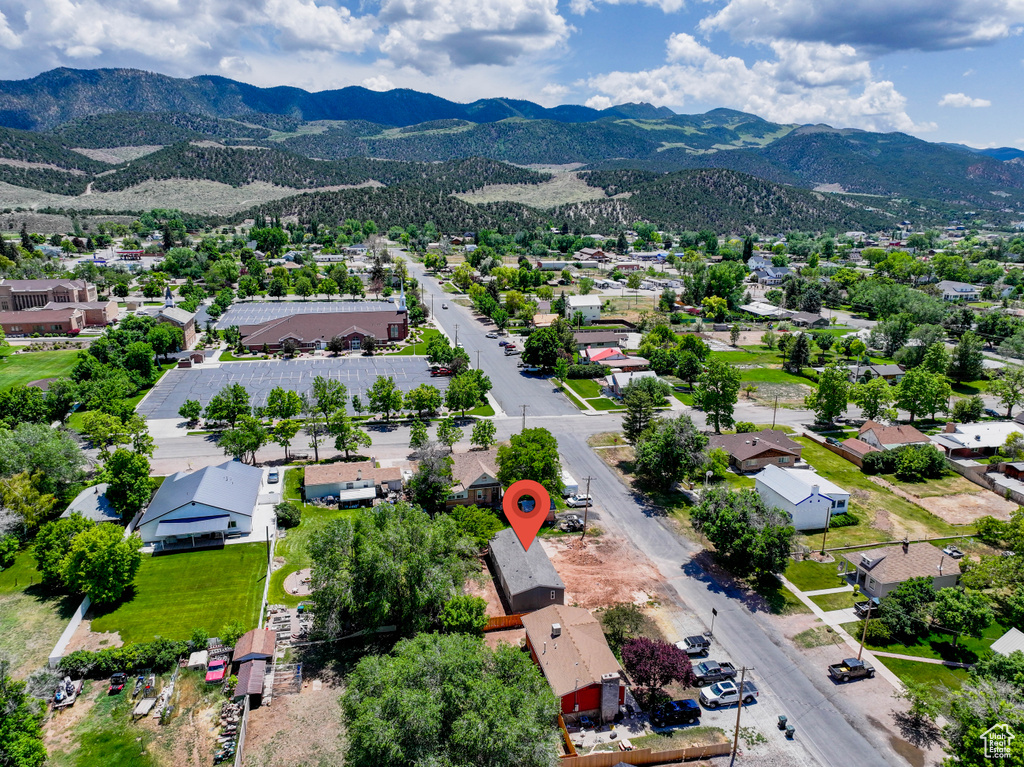 Aerial perspective of suburban area featuring mountains