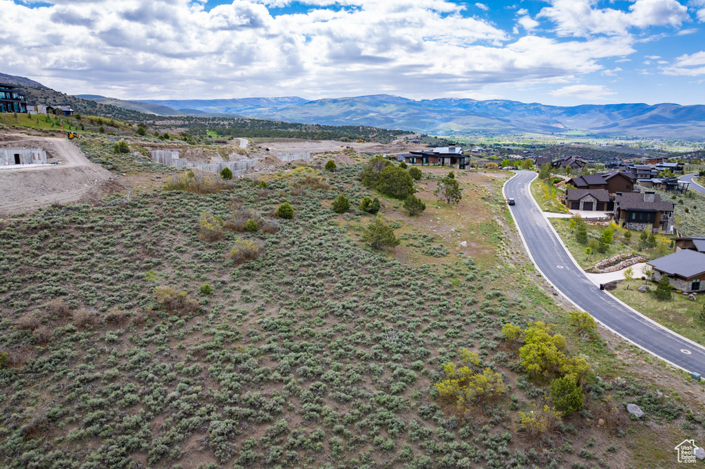 Aerial perspective of suburban area featuring a mountainous background