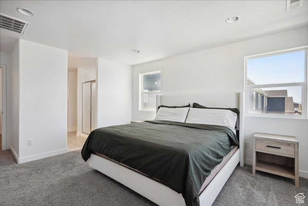 Bedroom with carpet, multiple windows, baseboards, and recessed lighting