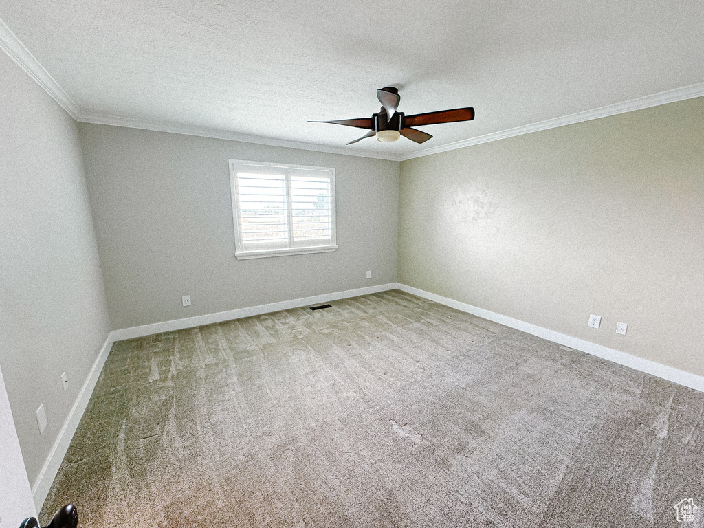 Unfurnished room with crown molding, a ceiling fan, carpet flooring, a textured ceiling, and baseboards