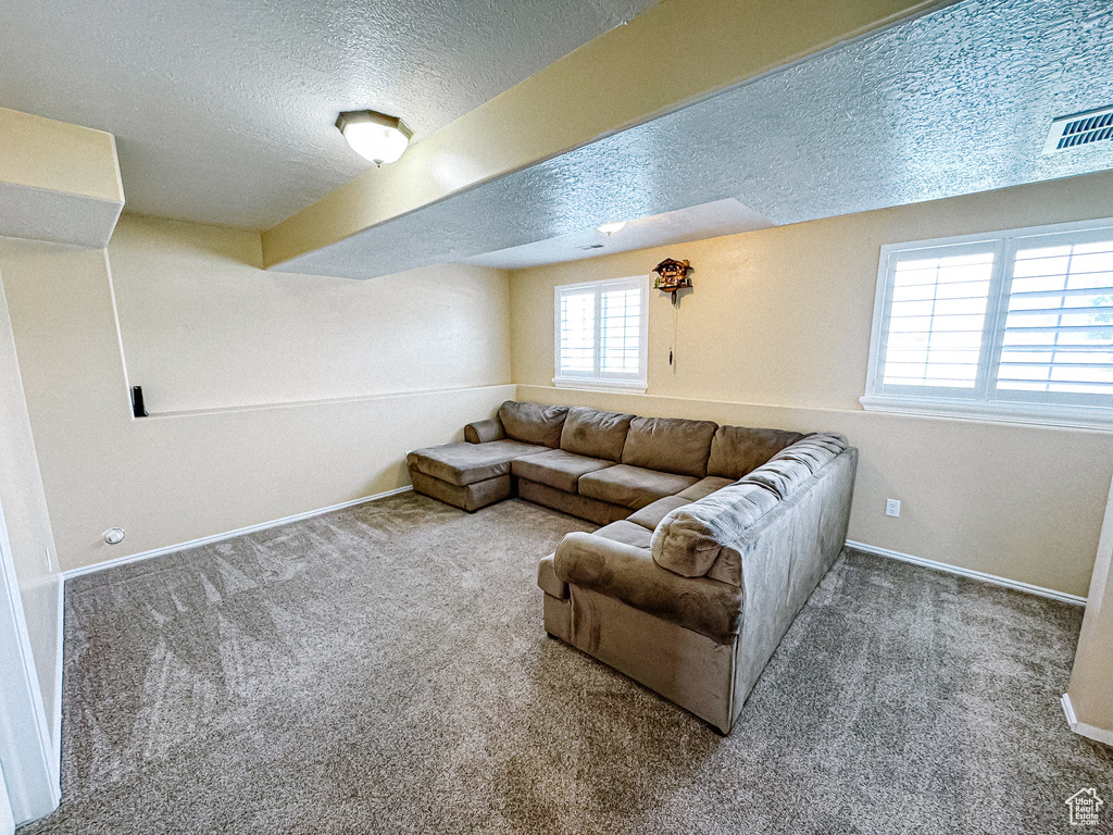 Living room with a textured ceiling, carpet flooring, and baseboards