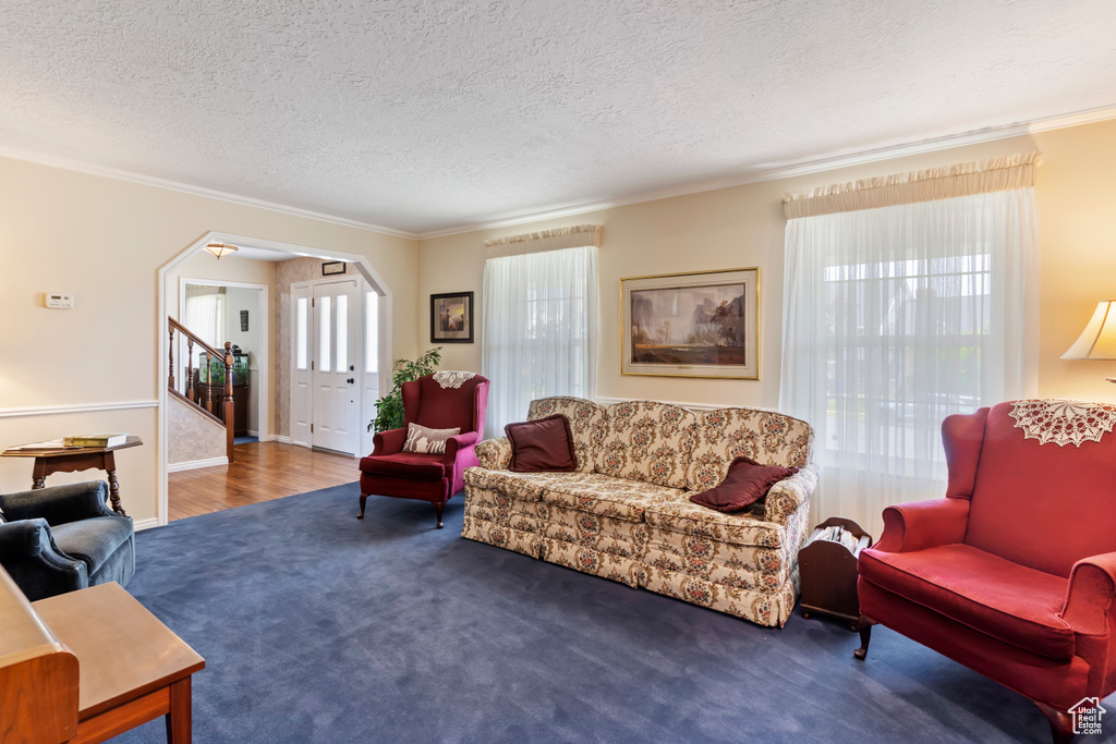 Living room with crown molding, carpet floors, a textured ceiling, stairs, and arched walkways