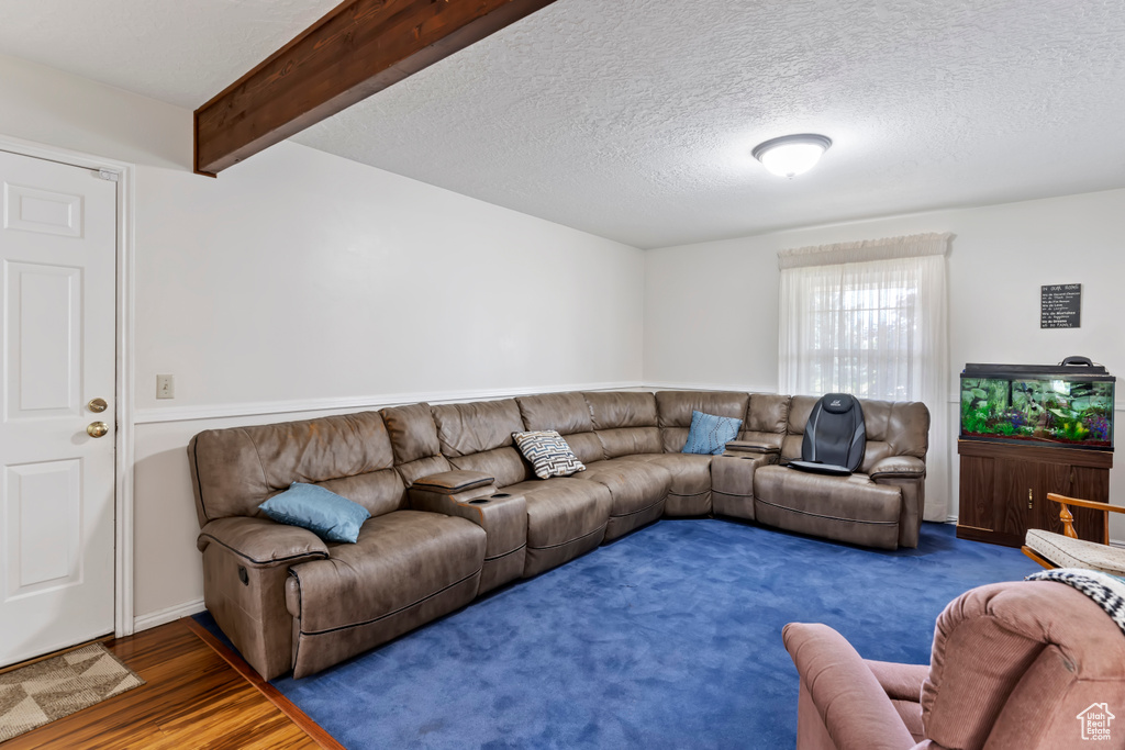 Living room featuring a textured ceiling and wood finished floors
