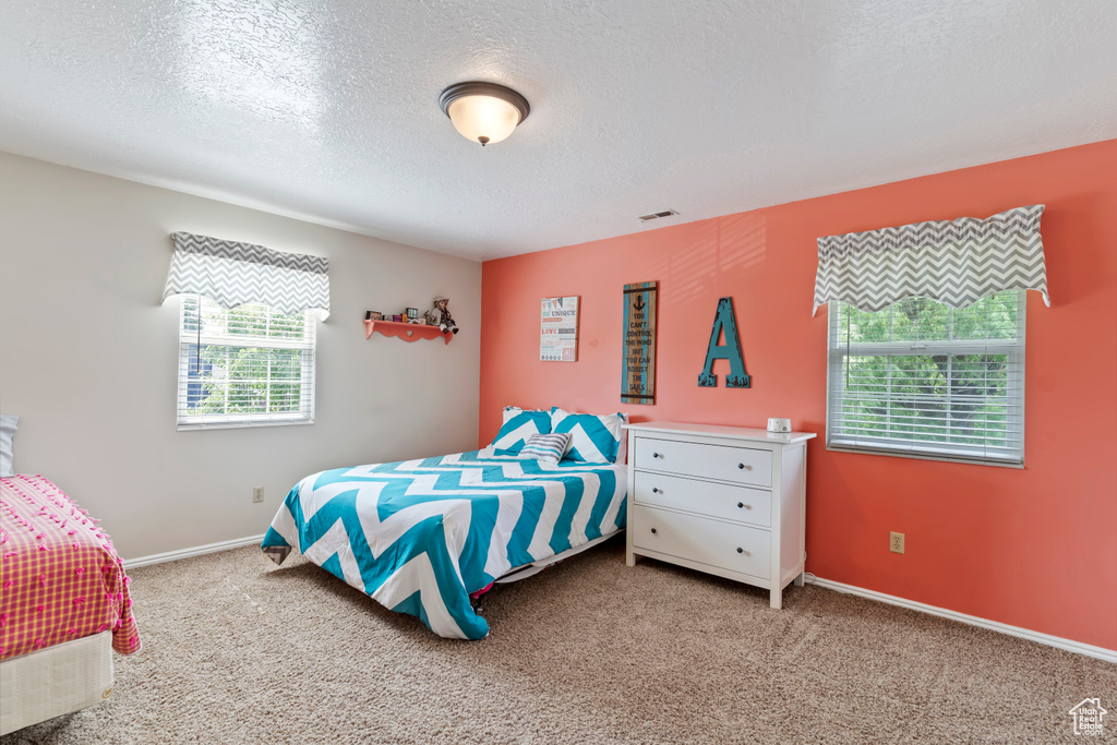 Bedroom featuring carpet, a textured ceiling, and baseboards