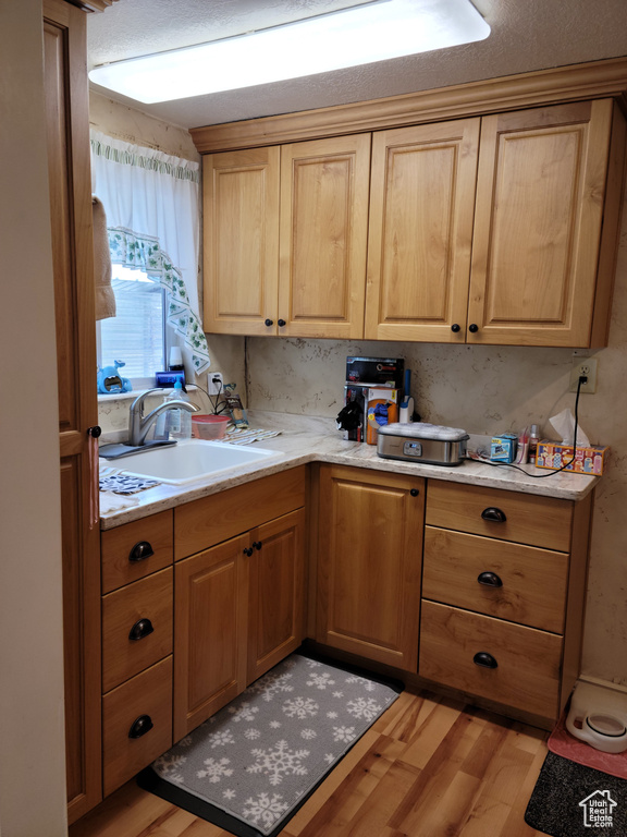 Kitchen featuring a sink, light wood finished floors, and light countertops
