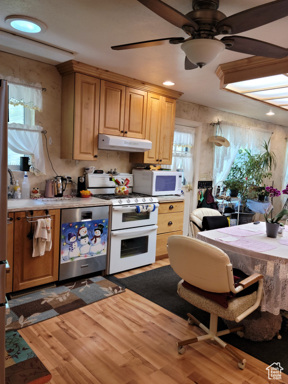 Kitchen featuring white appliances, under cabinet range hood, light countertops, wood finished floors, and a ceiling fan