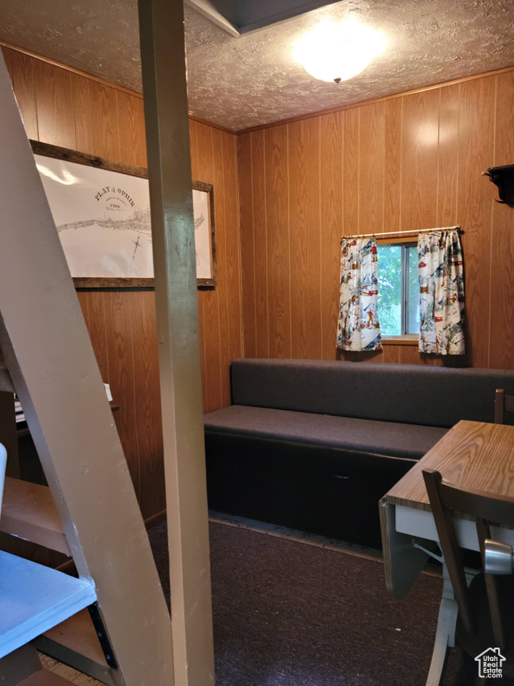 Interior space with wood walls and a textured ceiling
