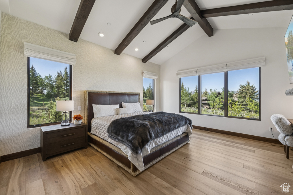 Bedroom with baseboards, light wood-type flooring, a ceiling fan, and recessed lighting