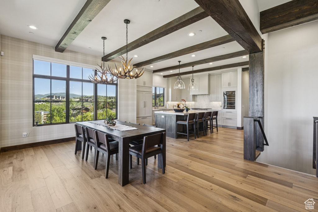Dining room featuring light wood-type flooring, beamed ceiling, a chandelier, baseboards, and wallpapered walls