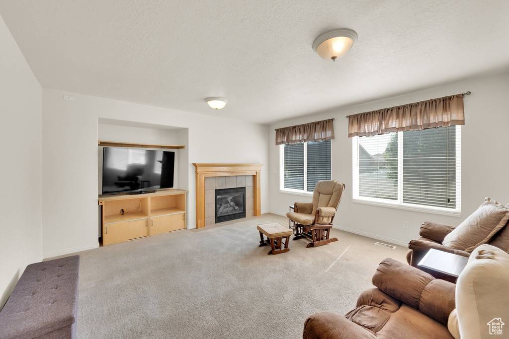 Living area with a fireplace, carpet floors, and baseboards