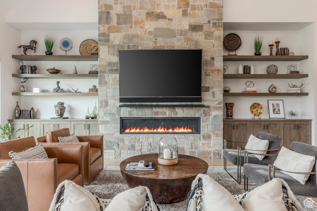 Living area with a fireplace