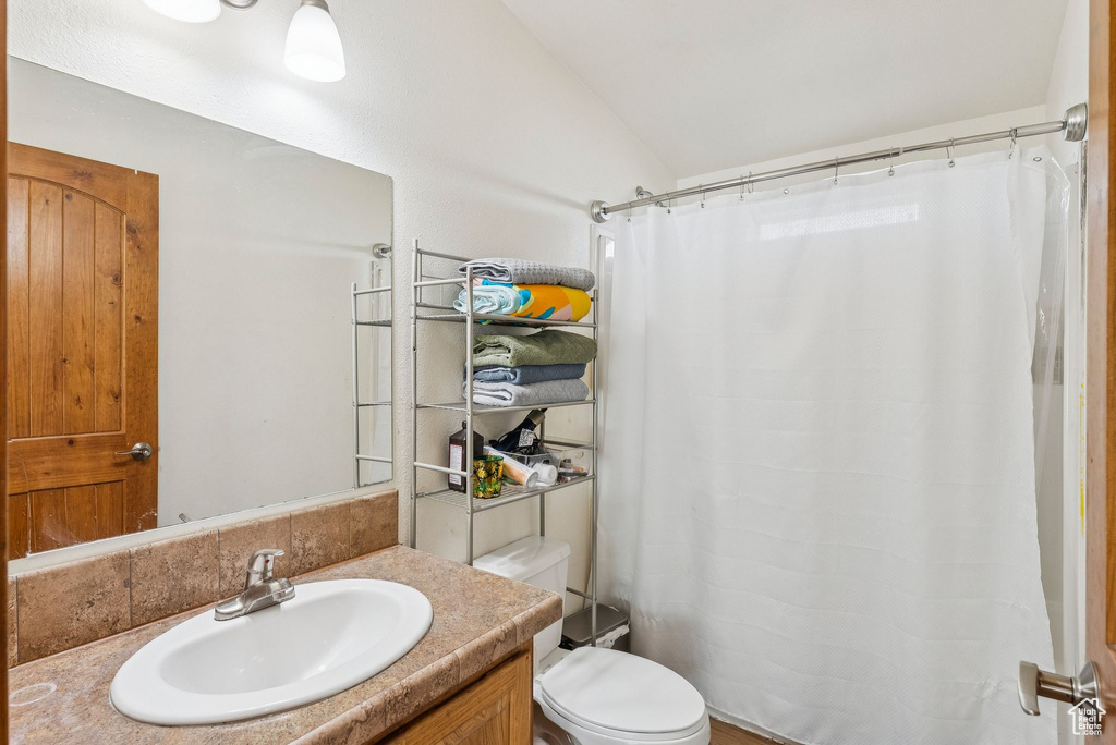 Bathroom featuring vanity, toilet, vaulted ceiling, and curtained shower