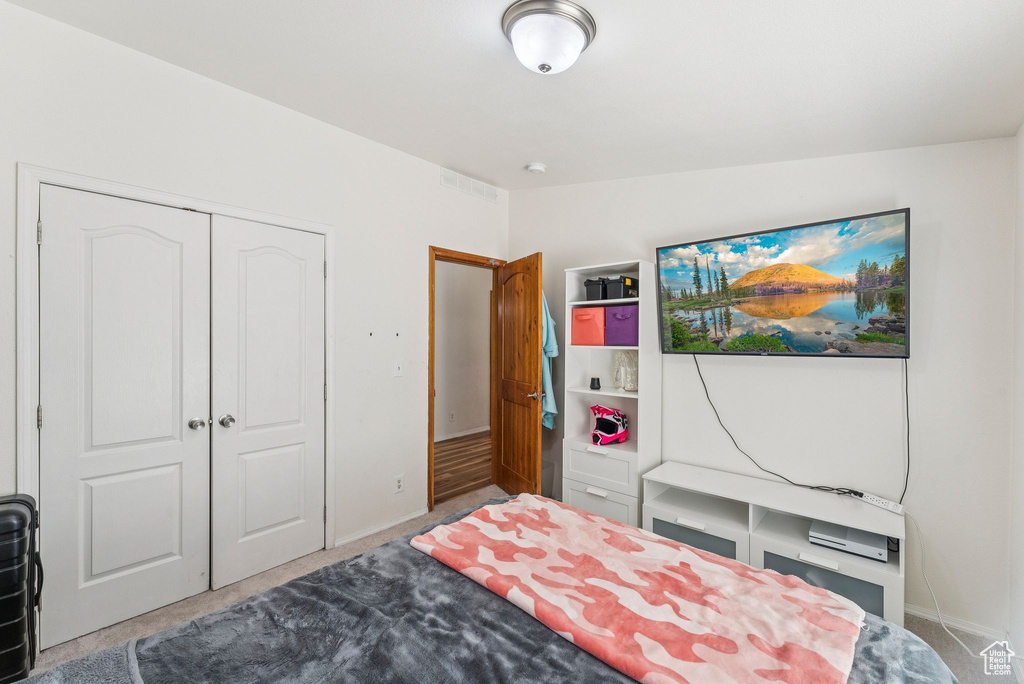 Bedroom featuring carpet floors, a closet, and baseboards