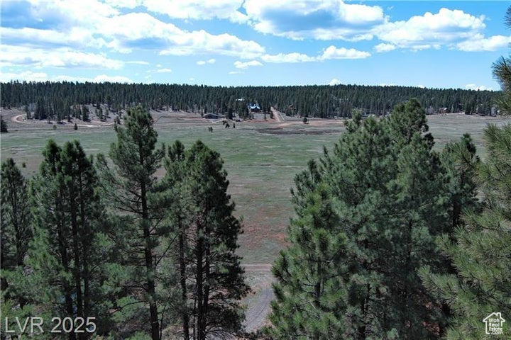 Overview of rural landscape featuring a heavily wooded area