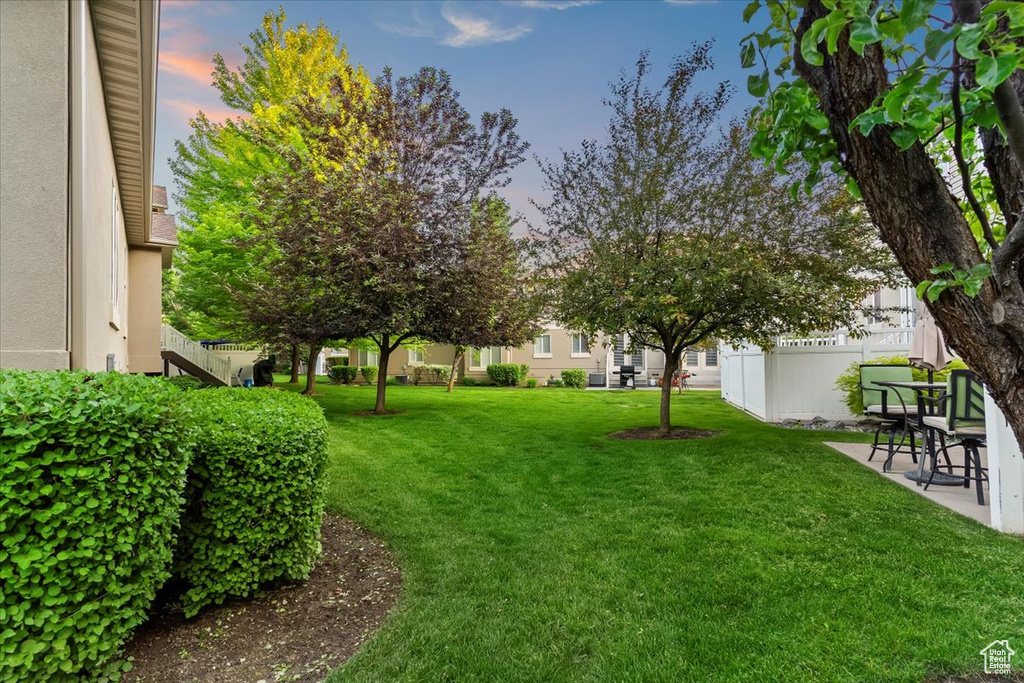 Yard at dusk featuring a patio area