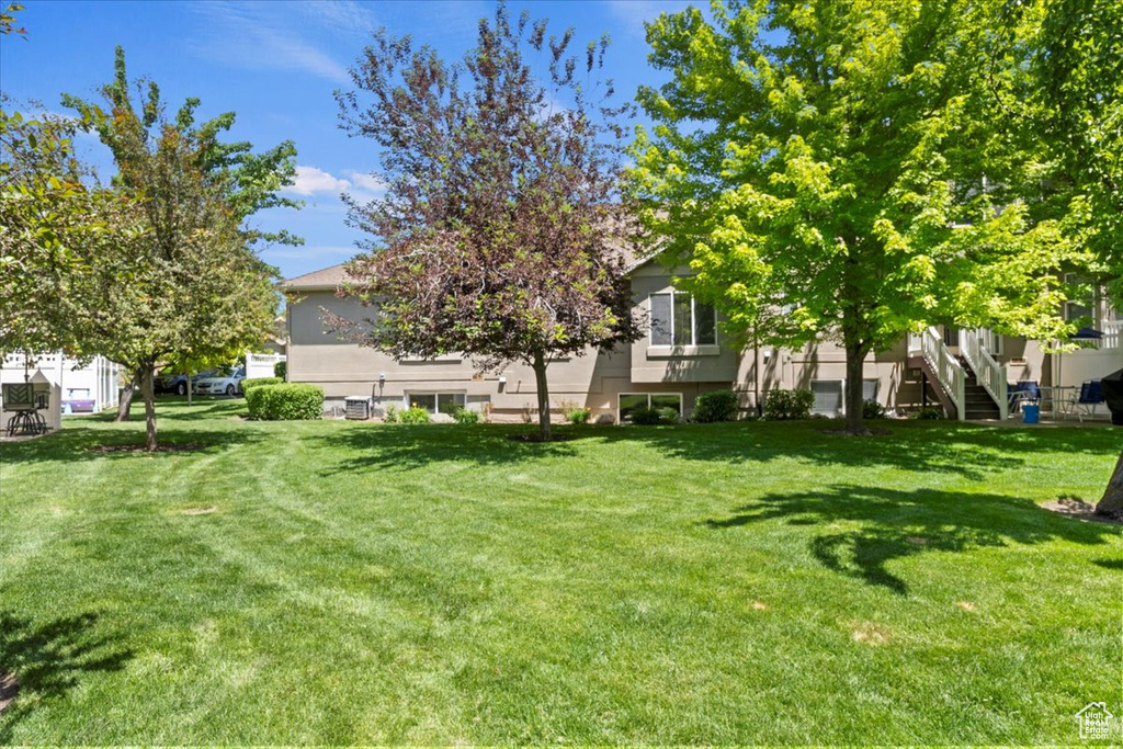 View of grassy yard with stairs