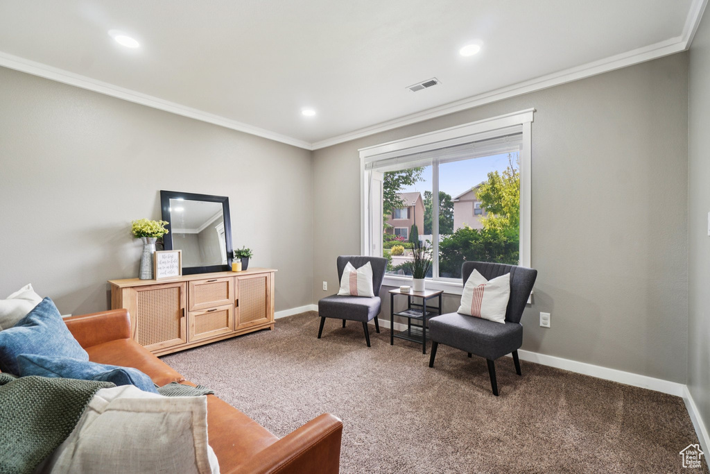 Living room featuring ornamental molding, baseboards, carpet, and recessed lighting