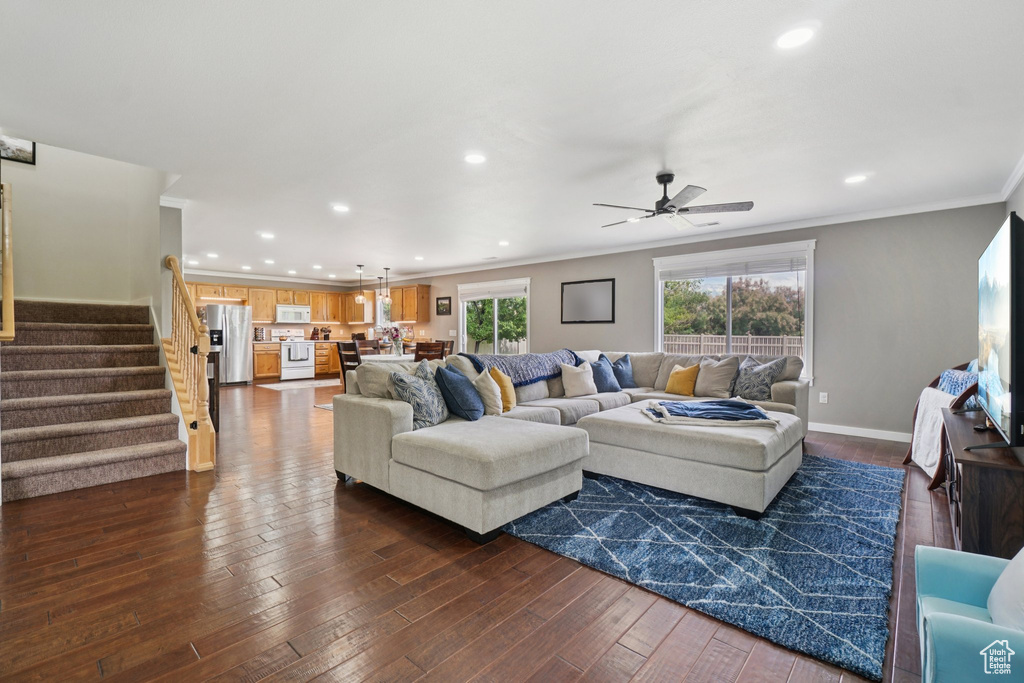 Living room featuring stairway, ornamental molding, dark wood finished floors, ceiling fan, and recessed lighting