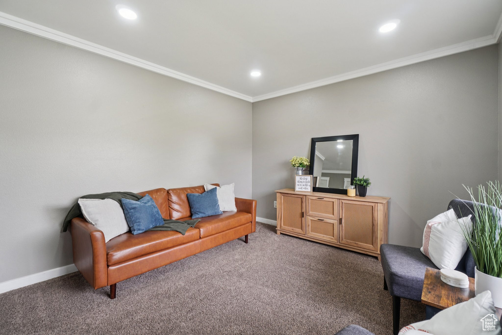 Carpeted living area featuring ornamental molding, recessed lighting, and baseboards