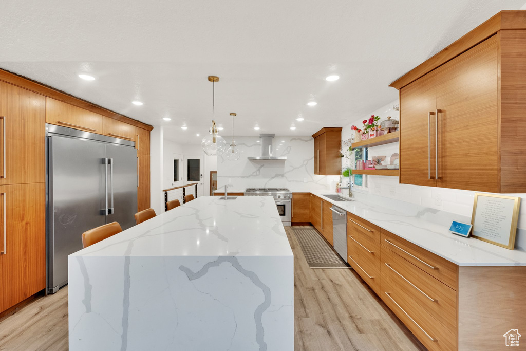 Kitchen with premium appliances, light wood finished floors, a kitchen island, open shelves, and modern cabinets