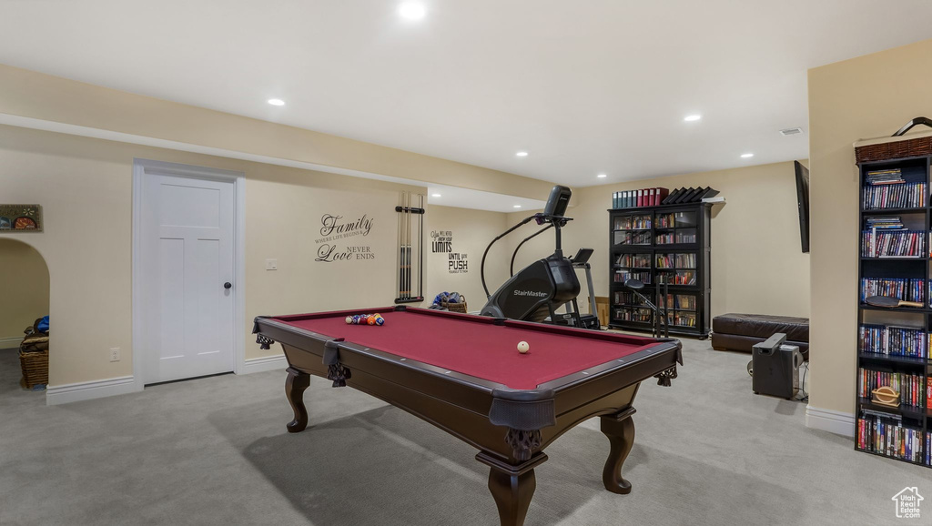 Rec room featuring carpet floors, pool table, recessed lighting, and baseboards