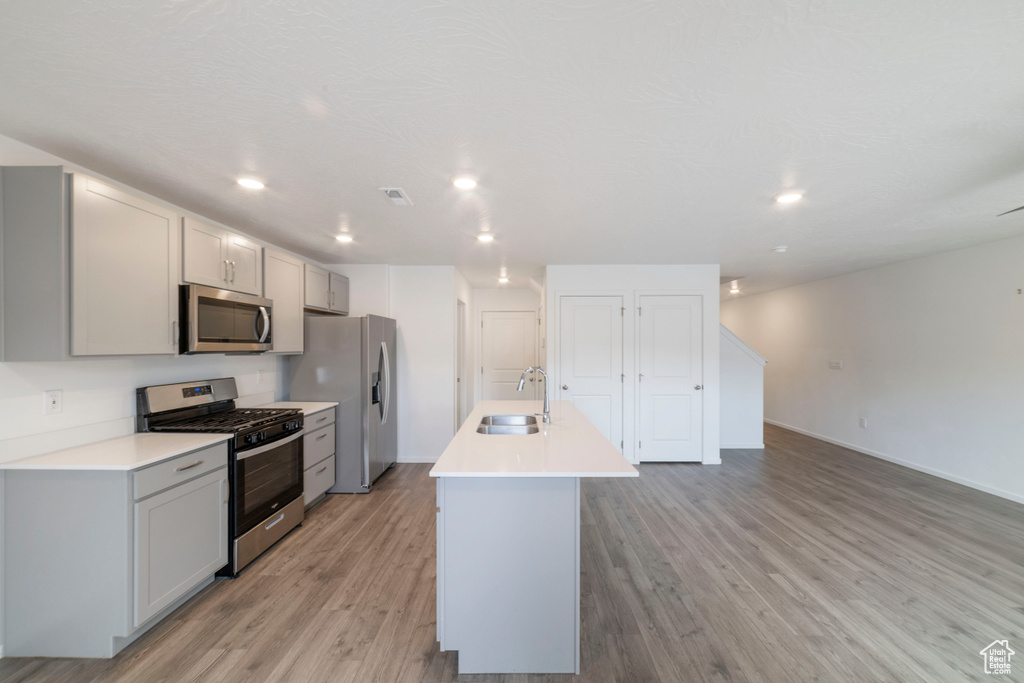Kitchen with appliances with stainless steel finishes, gray cabinets, a sink, light wood-style flooring, and recessed lighting