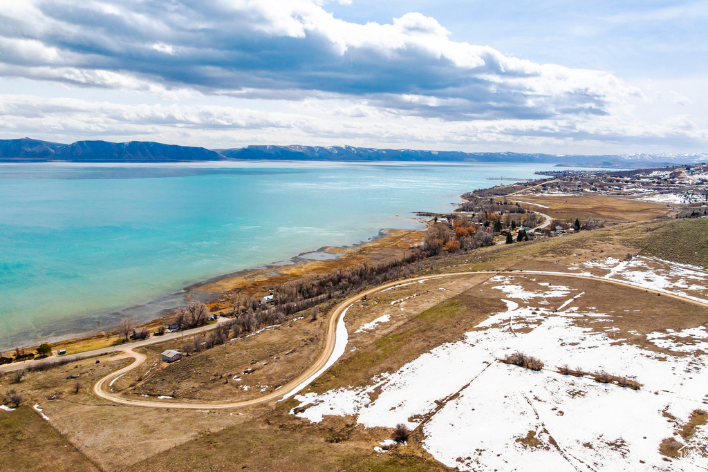 Aerial view of a water and mountain view
