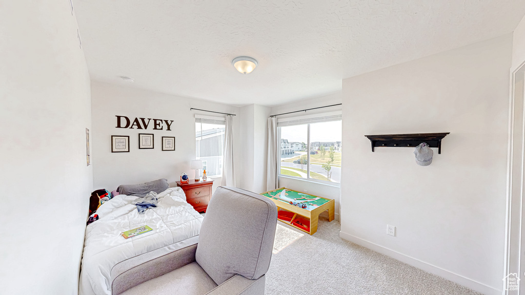 Bedroom featuring carpet and baseboards