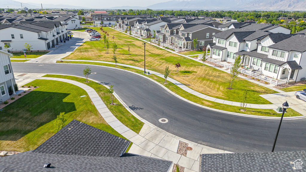 Aerial perspective of suburban area with mountains