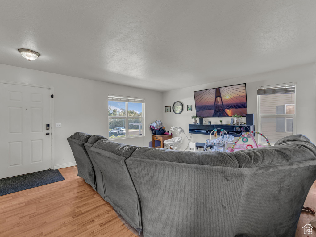 Living room featuring light wood finished floors and baseboards