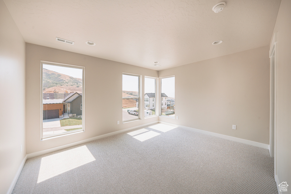 Empty room with carpet floors, baseboards, plenty of natural light, a smoke detector, and recessed lighting