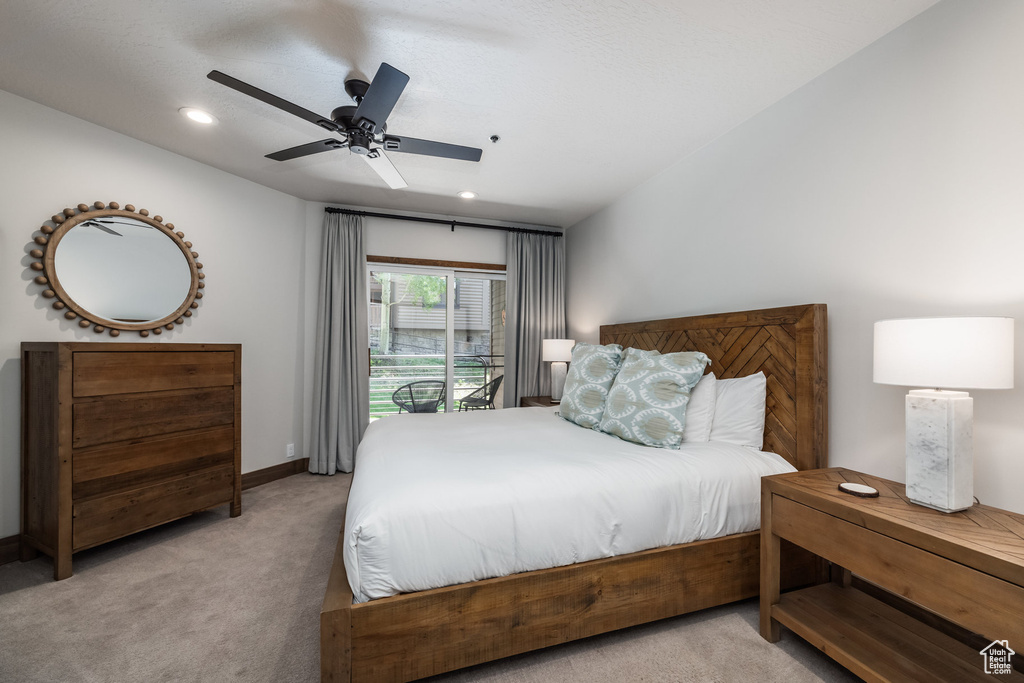 Bedroom featuring carpet, recessed lighting, baseboards, a ceiling fan, and access to outside