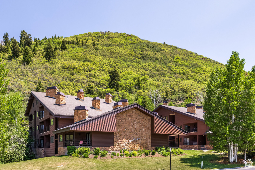 View of mountain background featuring a heavily wooded area