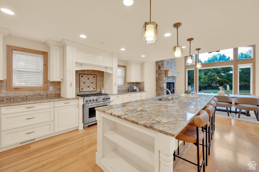 Kitchen featuring premium range, tasteful backsplash, light wood finished floors, light stone counters, and a sink