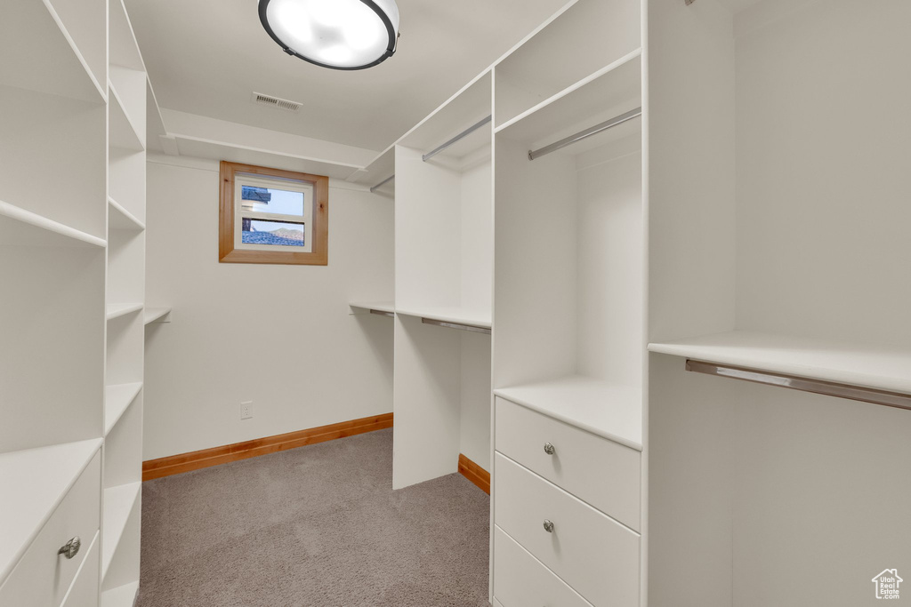 Spacious closet with light colored carpet