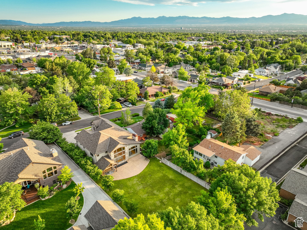 Aerial view of residential area with mountains