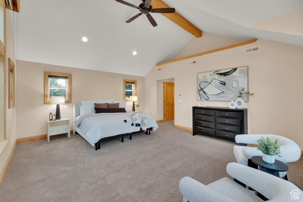 Bedroom with beam ceiling, recessed lighting, carpet, baseboards, and high vaulted ceiling