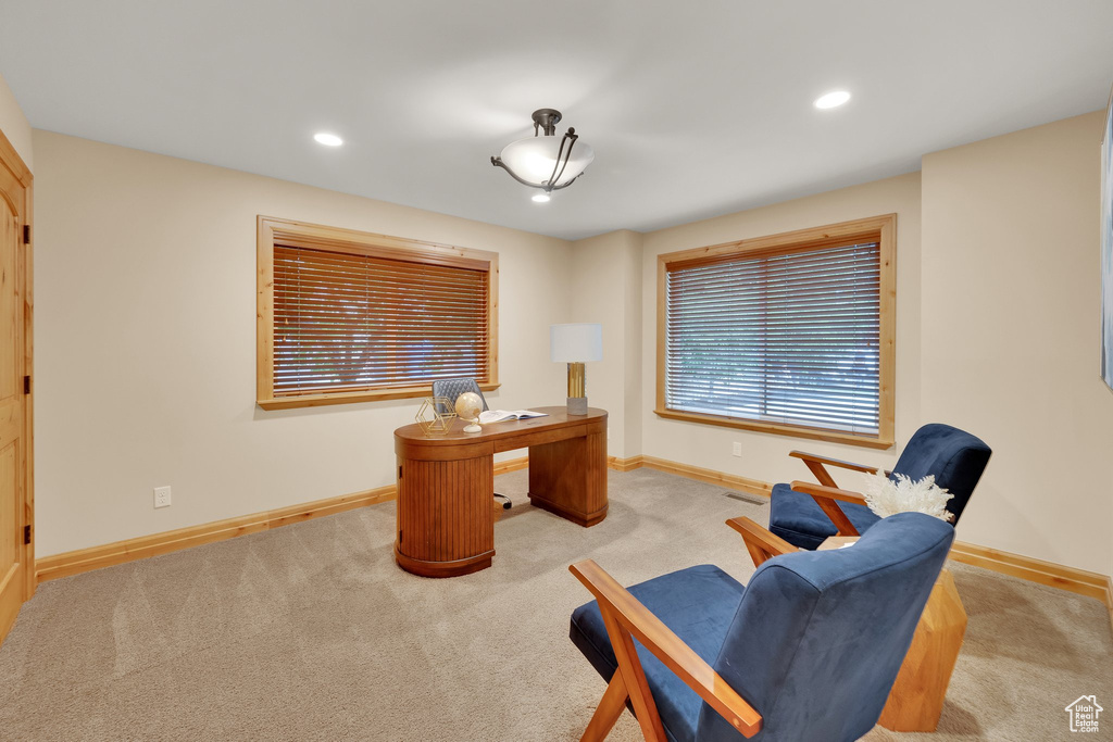 Office space featuring baseboards, carpet floors, and recessed lighting