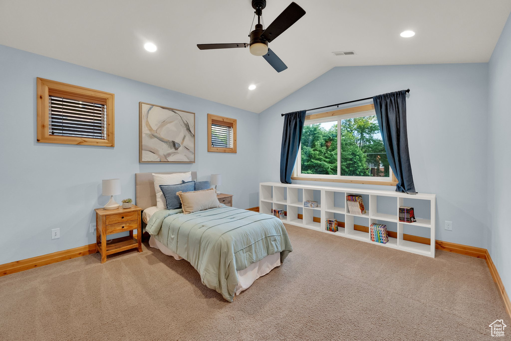 Bedroom featuring carpet floors, baseboards, vaulted ceiling, recessed lighting, and a ceiling fan