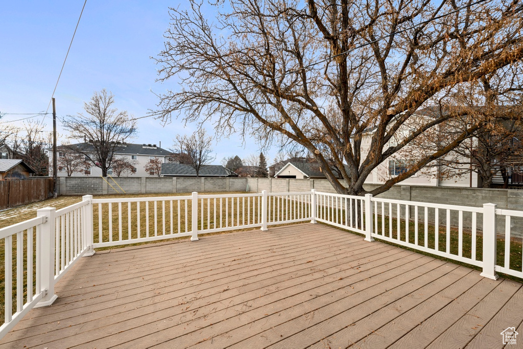 Wooden deck with a fenced backyard