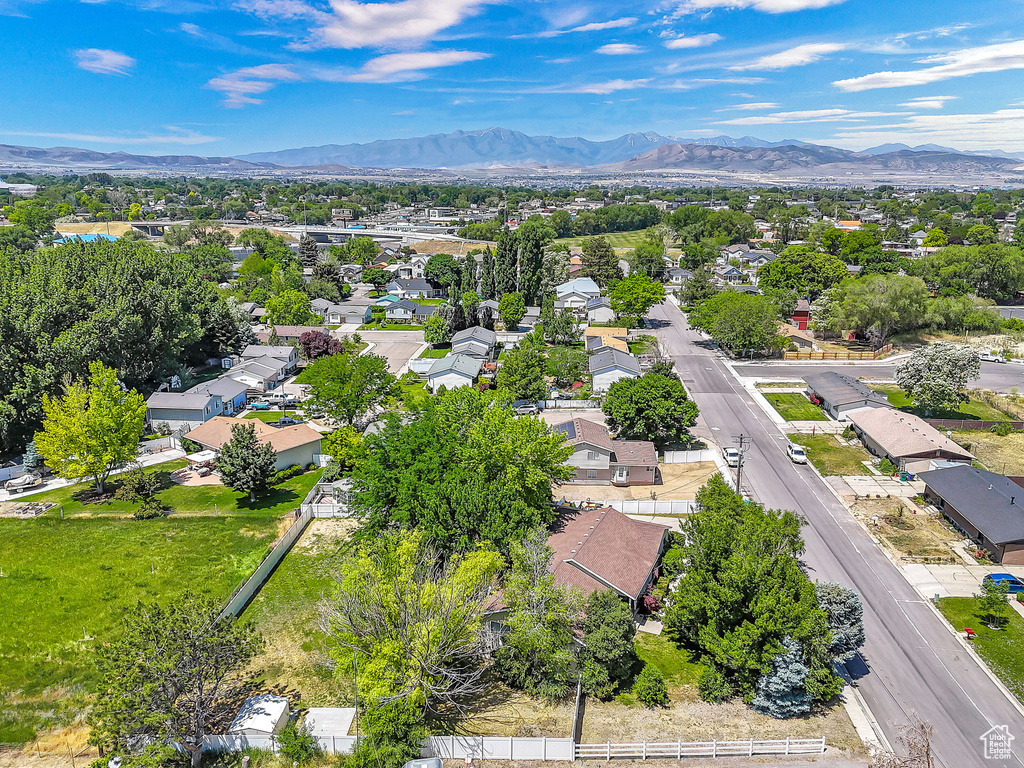 Aerial perspective of suburban area with mountains