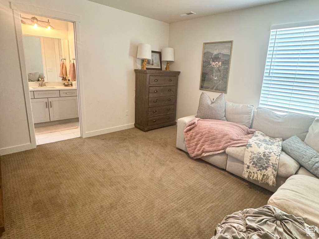Bedroom featuring light carpet, baseboards, ensuite bath, and a sink