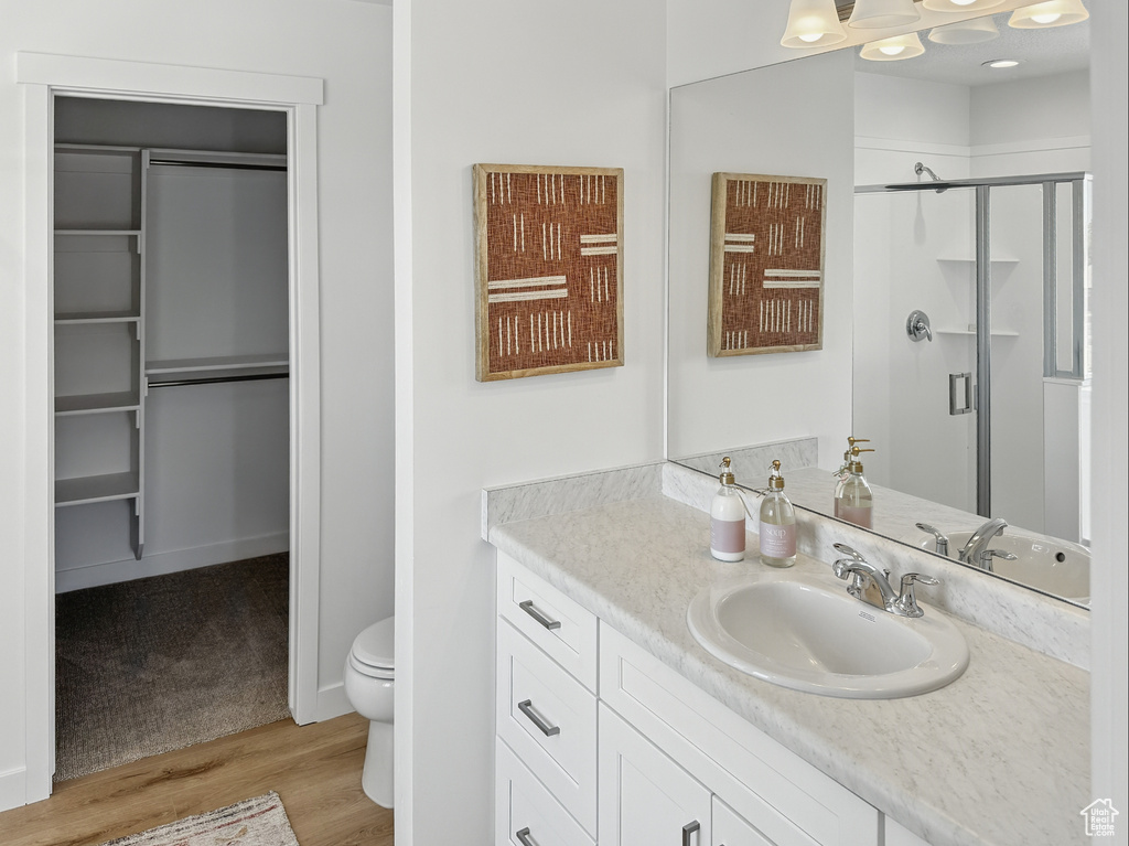 Bathroom featuring a shower stall, wood finished floors, vanity, and toilet