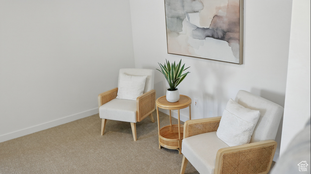 Living area with carpet and baseboards